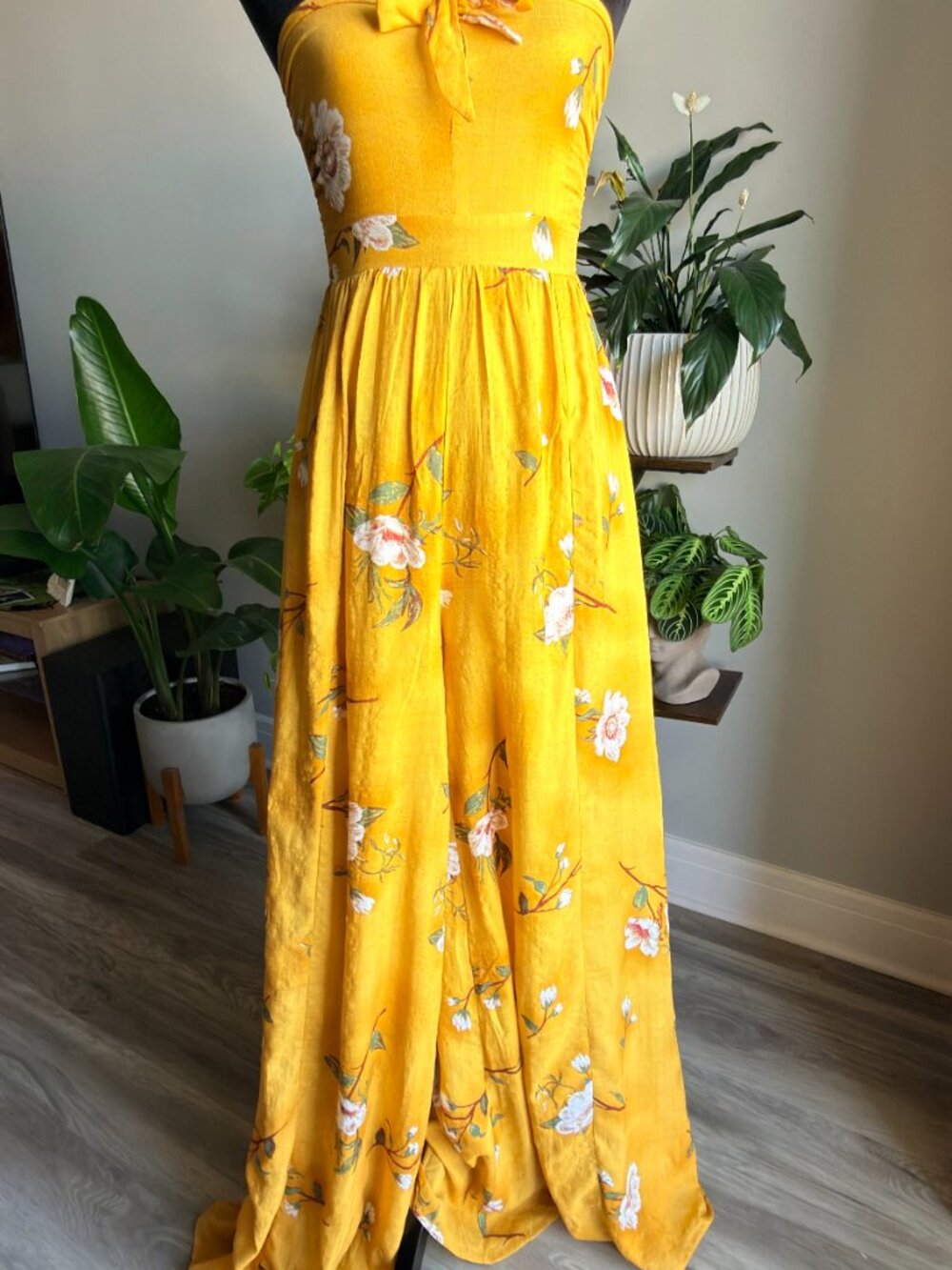 NWT Fashion Nova Mustard Yellow Floral Strapless Maxi Dress XS